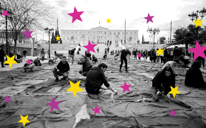 Menschen machen Kunst auf dem Syntagma-Platz in Athen