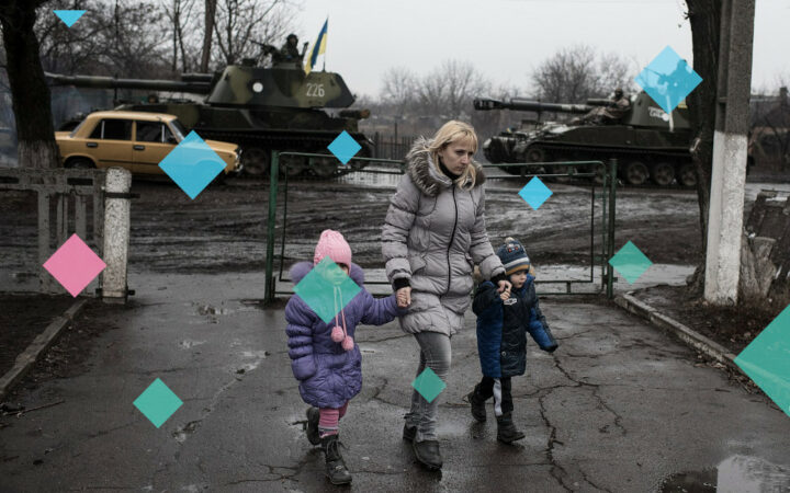 Familie vor Panzer, Ukraine